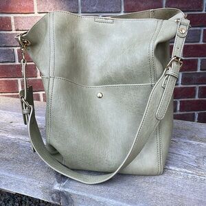 Sage green Vegan Leather large rectangular bucket purse, with golden details